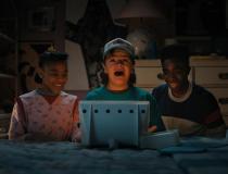 STRANGER THINGS 4. Priah Ferguson as Erica Sinclair, Gaten Matarazzo as Dustin Henderson and Caleb McLaughlin as Lucas Sinclair