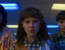 STRANGER THINGS 4. Finn Wolfhard as Mike Wheeler, Millie Bobby Brown as Eleven and Noah Schnapp as Will Byers