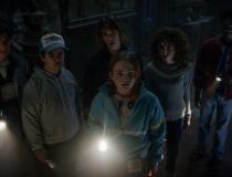 STRANGER THINGS 4. Joe Keery as Steve Harrington, Gaten Matarazzo as Dustin Henderson, Maya Hawke as Robin Buckley, Sadie Sink as Max Mayfield, Natalia Dyer as Nancy Wheeler, and Caleb McLaughlin as Lucas Sinclair